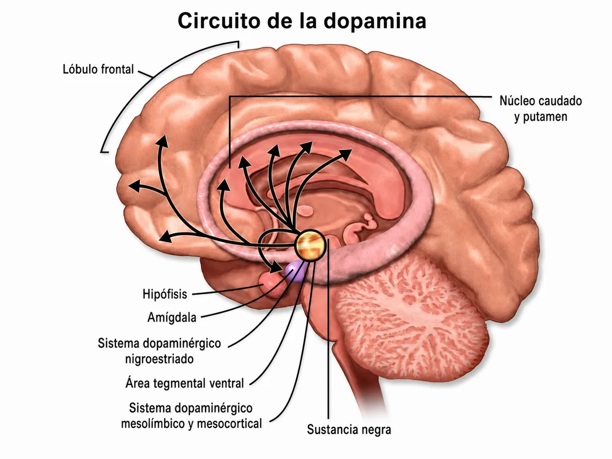 Ilustración del circuito de la dopamina en el cerebro